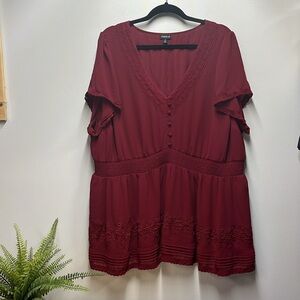 Torrid Peplum Smocked Short Sleeve Top Button Blouse color Rhubarb Sz 3